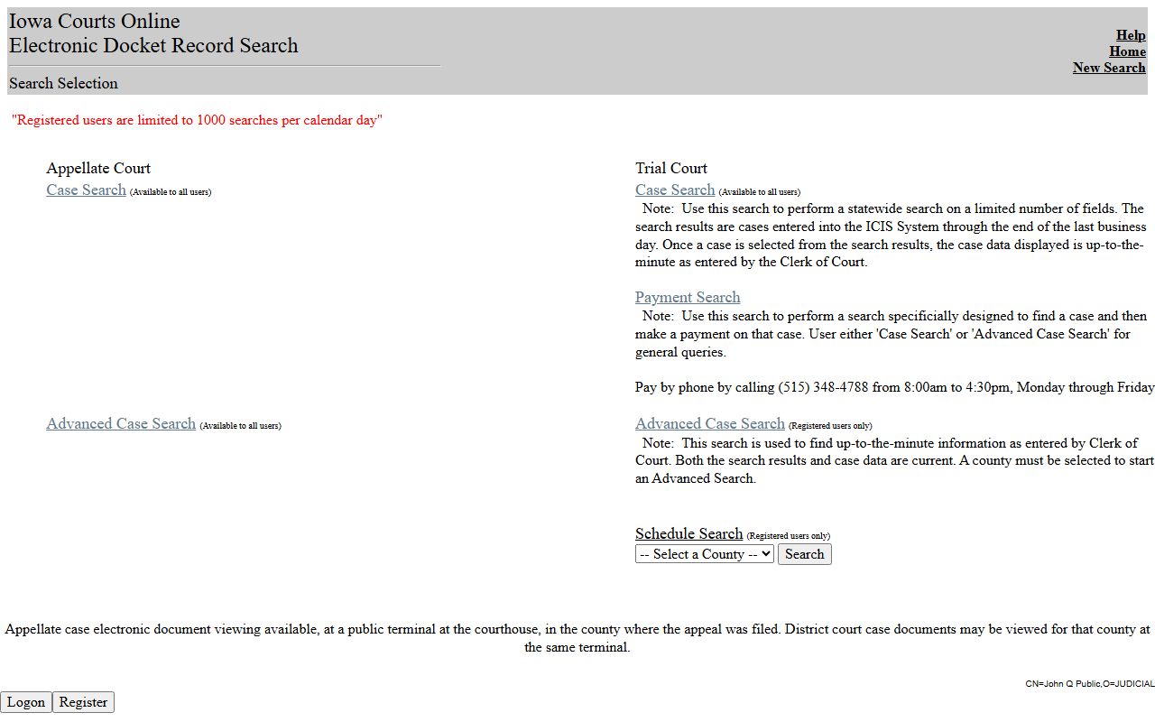 Iowa Courts Online search page for Winneshiek County court records after arrest