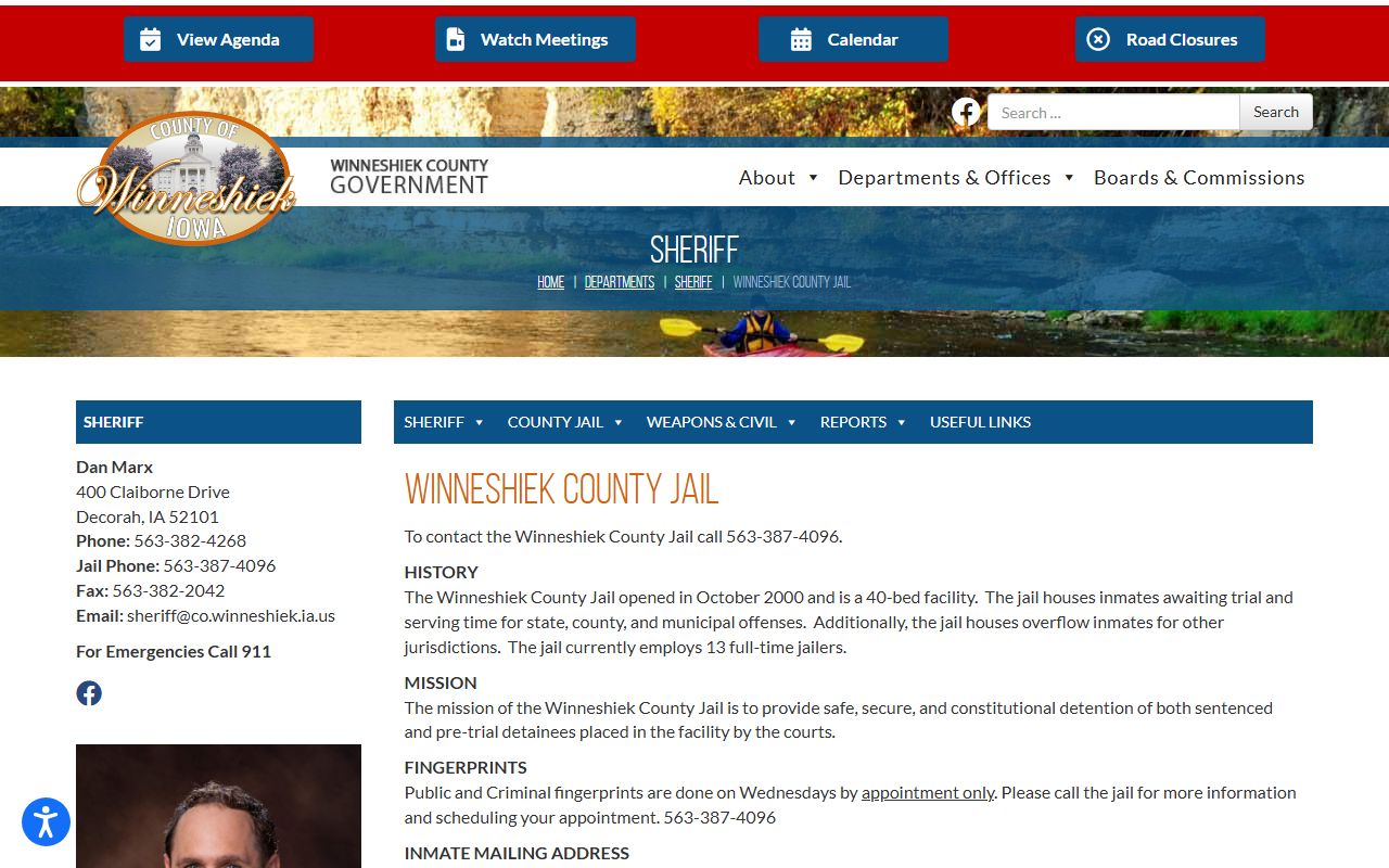 Winneshiek County Jail official information page for inmate custody details